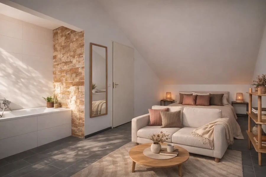 Badkamer ensuite in gezellige kamer met sierkussens |My Daily Favorite