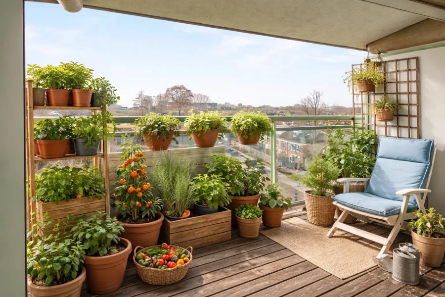 Balkon moestuin op een zonnige dag