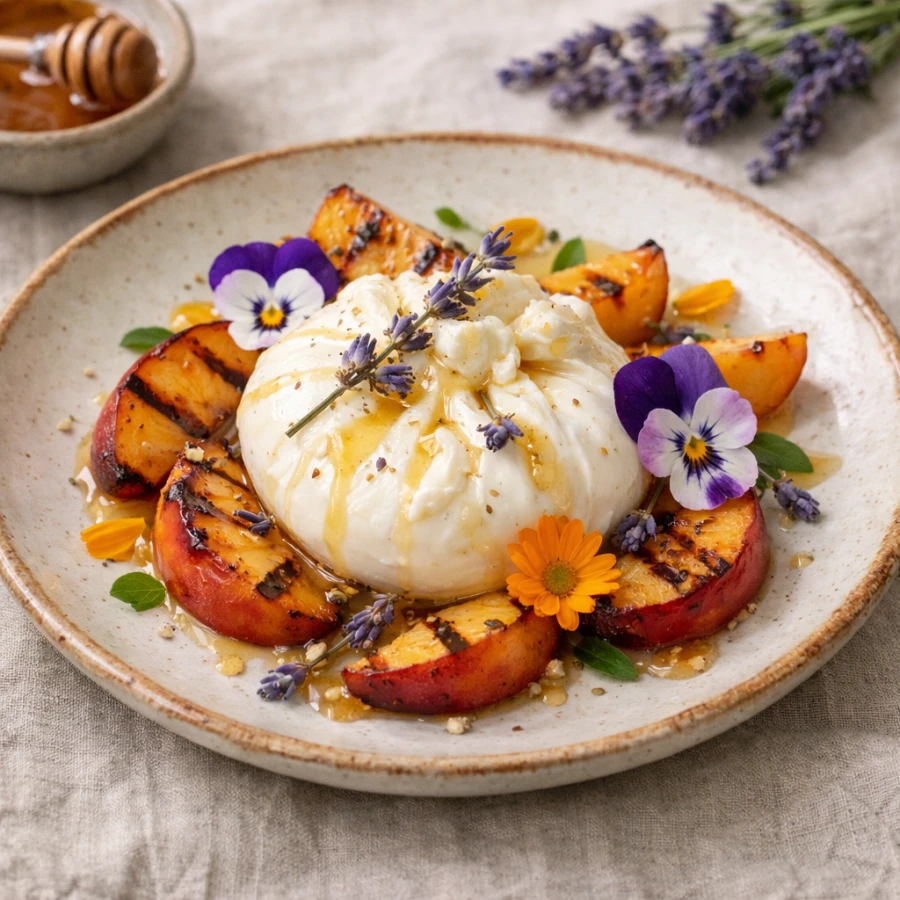 Burrata met gegrilde perzik, honing en lavendel