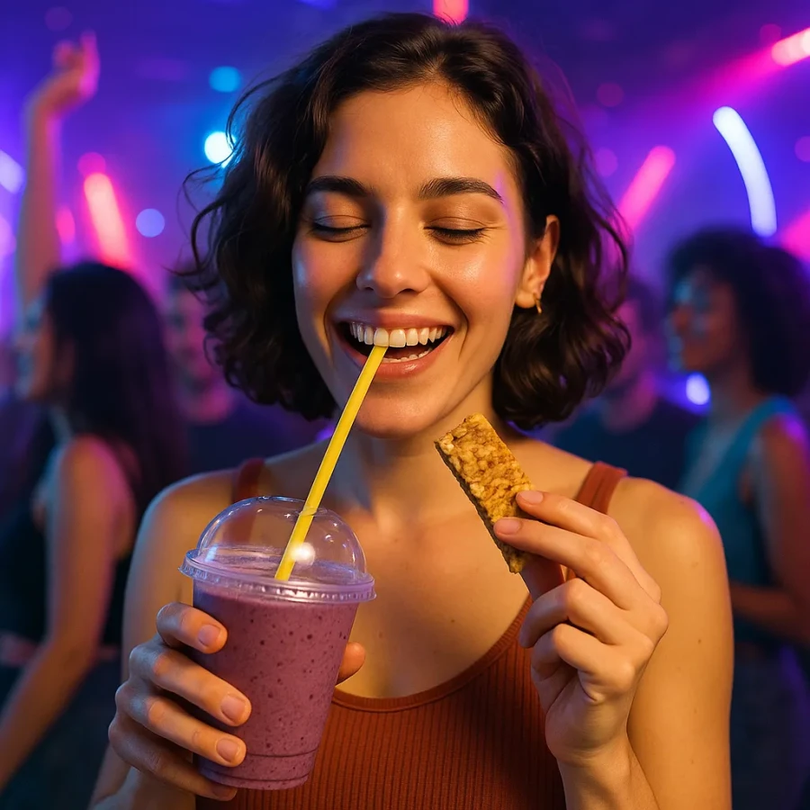 Dancefloor Fuel: jongedame geniet van smoothie en energiereep op de dansvloer tijdens een clubnacht – tips voor powerfood op My Daily Favorite