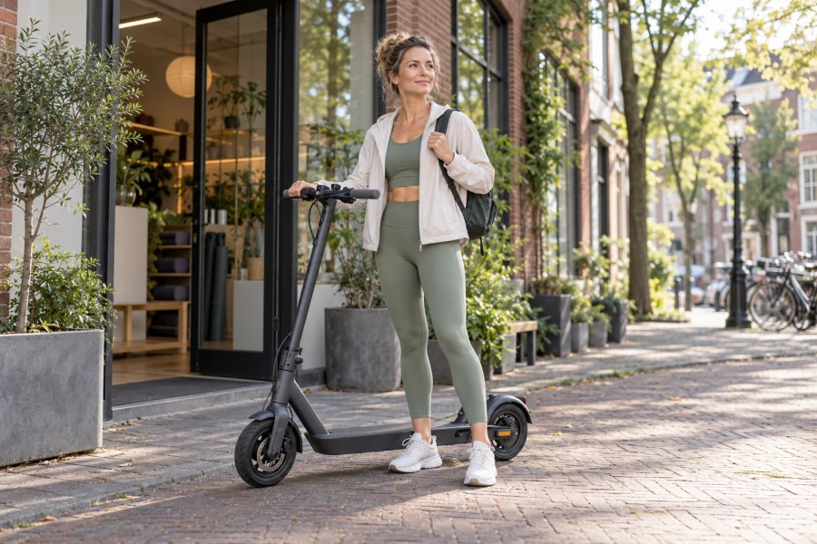 Vrouw in sportkleding met een elektrische step voor een yogastudio | My Daily Favorite