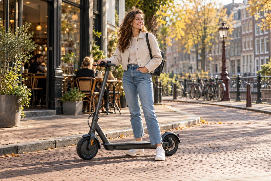 Vrouw met een elektrische step bij een koffiebar in een zonnige Nederlandse stad | My Daily Favorite