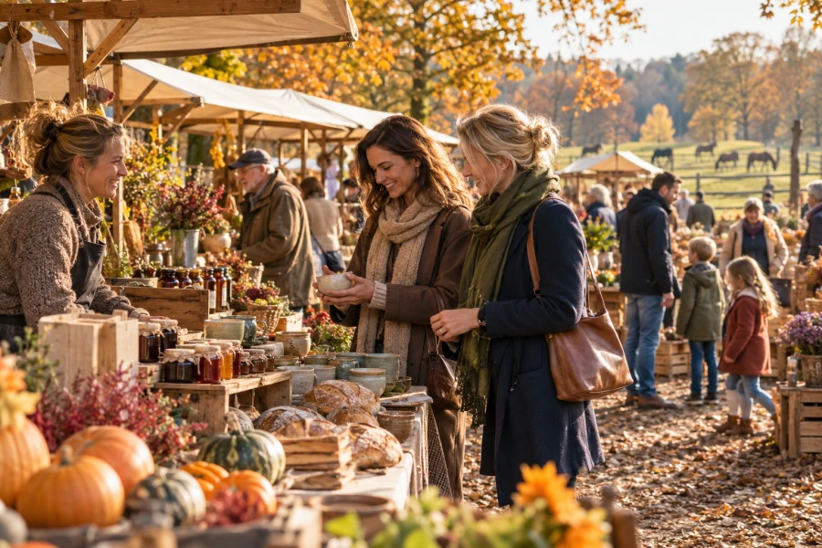 Twee vrouwen bekijken keramiek bij een kraam op een herfstfair, tussen streekproducten, pompoenen en kleurrijke herfstbomen.